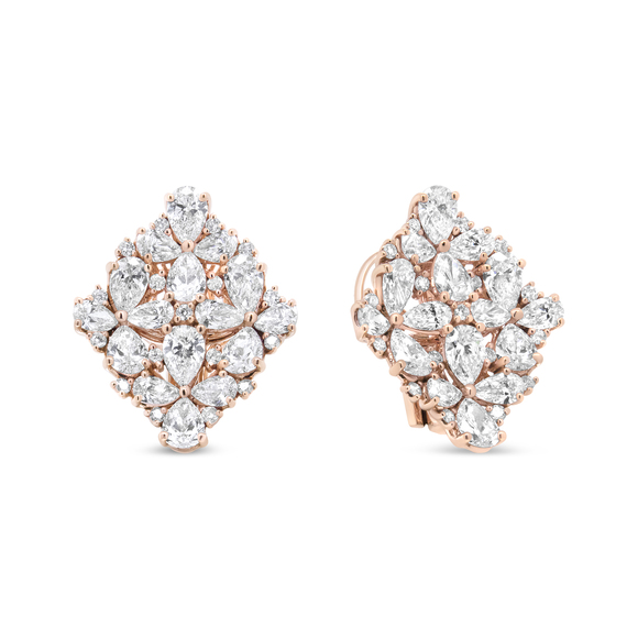 18K Rose Gold 8 1/3 Carat Pear and Round Diamond Floral Cluster Omega Earrings - Picture 2 of 7